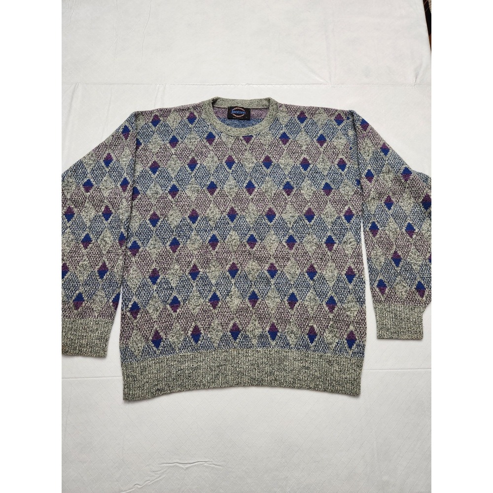 Vintage Jantzen Sweater Mens Medium Gray Blue Purple Argyle Knit Pullover USA